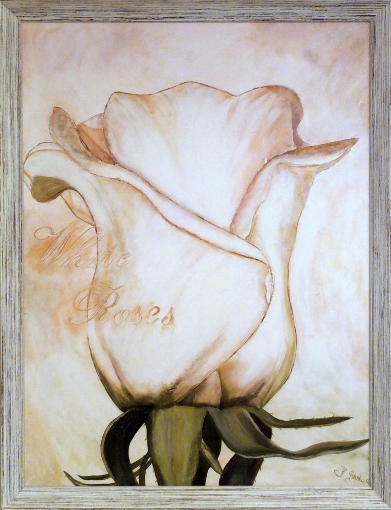 no. 815 Heidi Gertner-” Roses”- Op Linnen- Lijst 66-86 cm. Euro 195.–.